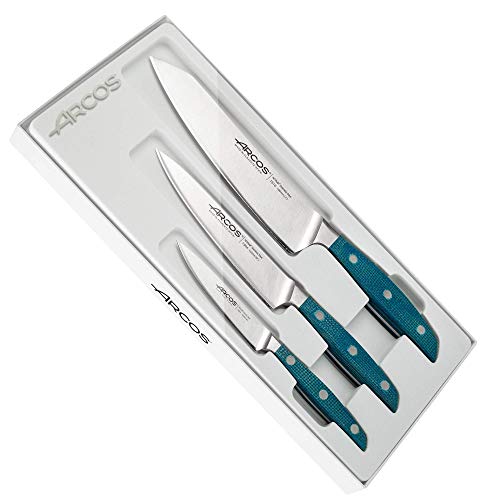 ARCOS Juego de Cuchillos de Cocina, 3 piezas de Acero Inoxidable forjado, Impresiona y sorprencon cada corte, Mango Micarta azul, Serie Brooklyn, Color Azul