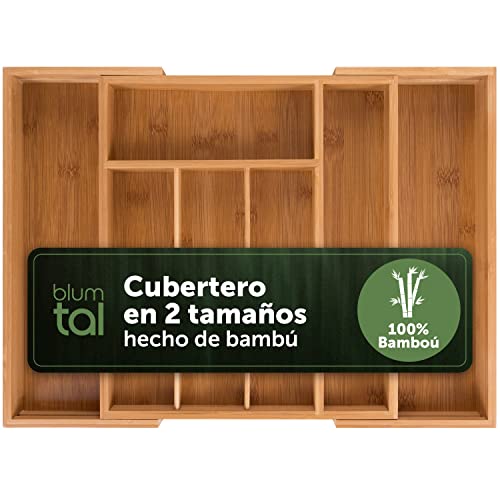 Blumtal Organizador de Cubiertos y cajones de Cocina de Bambú con Compartimentos Ajustables 5 a 7 compartimientos (Estándar)