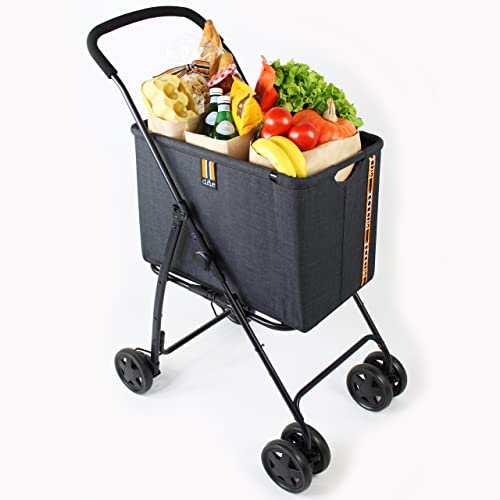 MY DUQUE - Mila – Moderno carrito de la compra de hasta 15 kg, fácil de plegar con freno, asas Soft Touch, tejido resistente, diseño atemporal en ruedas dobles giratorias 360°