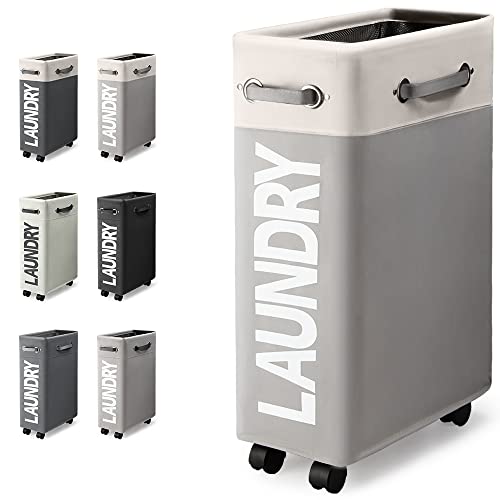 Rieeyrslza Cestos para la Colada con Ruedas 45L Cesta de Ropa Sucia con Ruedas Cesto para la Colada Delgada Cestos para la Colada Multifunción Bolsa de Lavado de Ropa(Blanco + Gris Claro o2)