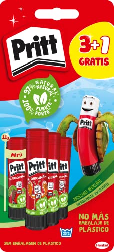 Pritt Barra Adhesiva, pegamento infantil seguro para niños para manualidades, cola universal de adhesión fuerte para estuche escolar y oficina, 3+1 x 11 g Pritt Stick