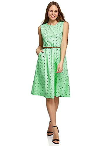 oodji Ultra Mujer Vestido con Cinturón sin Mangas Estampado, Verde, ES 40 / M