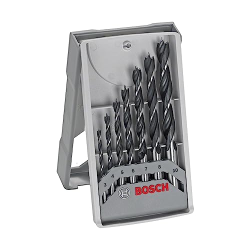 Bosch Professional 7 uds. Set de brocas para madera Brad Point (para madera blanda y dura, Ø 3-10 mm, accesorios para taladro y soporte para taladro)