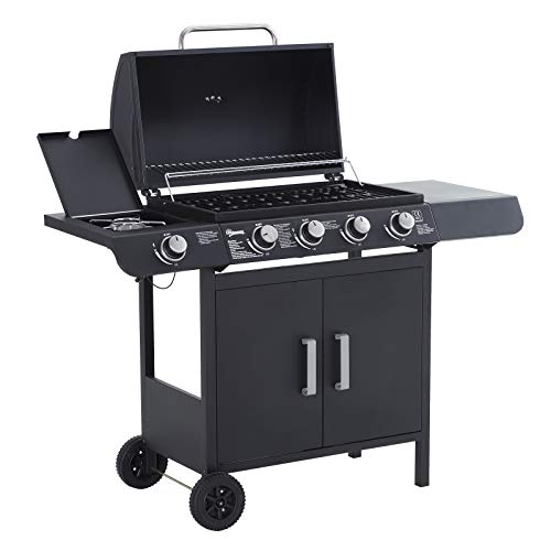 Outsunny Barbacoa de Gas con 5 Quemadores de Acero Inoxidable 14,4 KW Fogón y Parrilla con Tapa y Ruedas 125x51x100 cm Negro