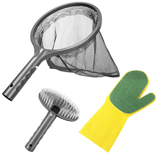 Aiglam Kit Mantenimiento Piscina, 3PCS Kit Limpieza Piscina con Red Recogehojas, Cepillo de Limpieza y Guante de Fregado para Piscina Bañeras
