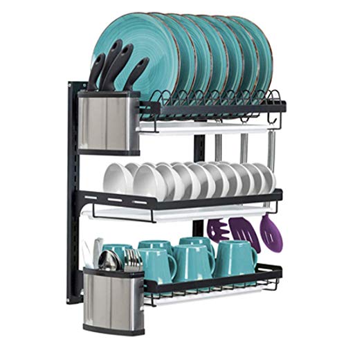 uyoyous Escurreplatos de acero inoxidable de 3 niveles, para montar en pared, soporte para tabla de cortar/escurrecubiertos, color negro