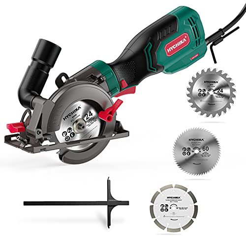 HYCHIKA Mini Sierra Circular 750W con Motor de Cobre Puro, 3 Cuchillas, 3500RPM, Corte: 48mm/90º, 32mm/45º, Extrarator de Polvo, Sierra para Azulejo, Madera, Metal Blando