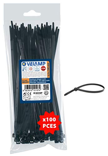 Velamp MG201 Kit de 100 Bridas Abrazadera para Cables de 2.5 x 100 mm, Nylon 6.6, hiperresistente, Negro