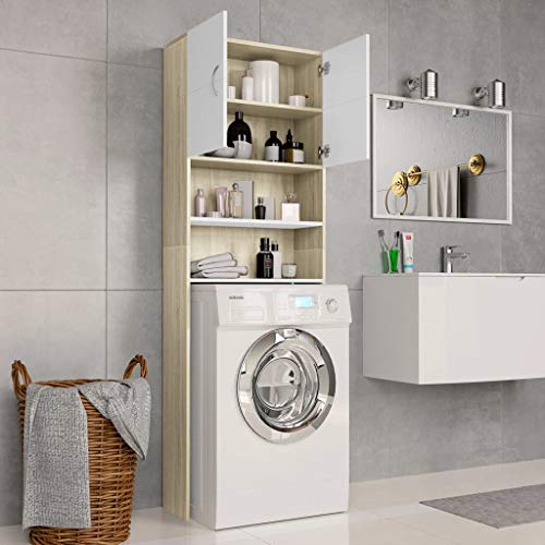 Festnjght Armario de Lavadora 2 Puertas y Compartimentos | Mueble Lavadora | Armarios Alto Baño Aglomerado Blanco Roble Sonoma 64x25,5x190 cm