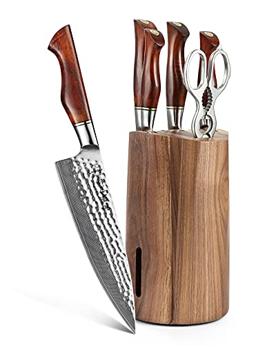 HEZHEN Juego de Cuchillos en Acero en Polvo con Bloque en Madera,Set Cuchillos 7 Piezas, Cuchillo de Cocina Súper Afilado-Acabado Martillado-Mango de Madera Maciza Dalbergia Master Serie