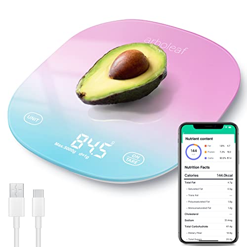 arboleaf Báscula de Cocina Digital Balanza de Alimentos con APP Balanza Cocina de Alta Precisión USB Recargable, Peso de Cocina con Calculadora de Nutrición, LED, 5 kg / 11 lbs
