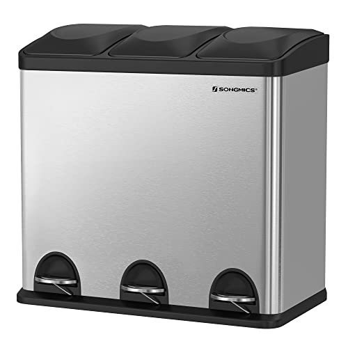 SONGMICS Cubo de Reciclaje 54L, Cubo de Basura, Cubo de Pedal de Acero con 3 Secciones, Cubos Internos, 6 Etiquetas de Clasificación, para una Fácil Separación de los Residuos, Plata y Negro LTB54L