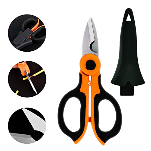 Tijeras Electricista de Acero Inoxidable 420 con Pelacables + Funda, 15.7cm largo, Hoja de 4.5cm, Mango Agarre Ergonómico Antideslizante, Alicate Preciso, Resistente y Duradero para Electricistas