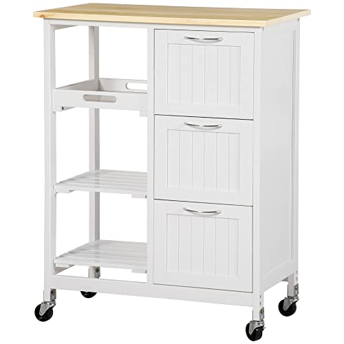 HOMCOM Carro Auxiliar de Cocina Carrito Verdulero con 3 Cajones 2 Estantes Abiertos y Bandeja Extraíble para Comedor Salón BCarga 40 kg 67x37x87 cm Blanco