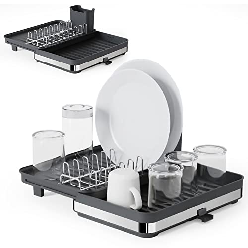 - Escurridor De Platos Plegable Con Soporte Para Cubiertos Extraible, Escurreplatos Con Drenado al Fregadero, Diseño Moderno y de Fácil Guardado, Escurre Platos de Cocina-Negro. 