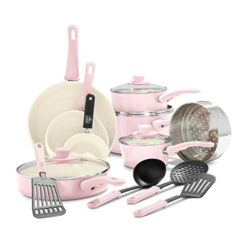 GreenLife Soft Grip Juego de 16 ollas y sartenes de cerámica antiadherente, incluye sartén, cacerola y cazo, sin PFAS, apto para lavavajillas, apto para horno, rosa