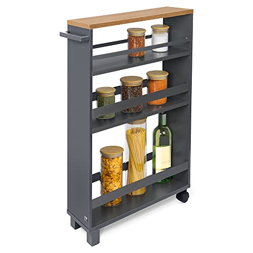 bomoe carrito auxiliar con ruedas Hylla 50x79x15 cm - Mueble auxiliar para almacenaje – Verdulero o mesa auxiliar con 2 ruedas, 2 piés, 3 compartimentos y superficie de madera FSC® Antracita con roble