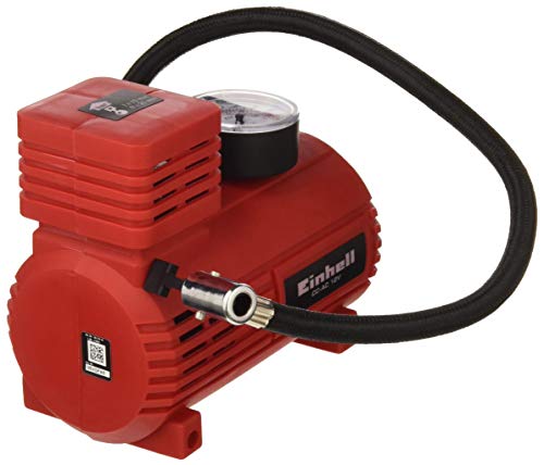 Einhell CC-AC 12V - Compresor de aire para coche, manómetro de 18 bar máx., manguera de aire, 3 adaptadores de accesorios, cable de alimentación de 2,90 m con enchufe de encendedor de 12V, Color Rojo