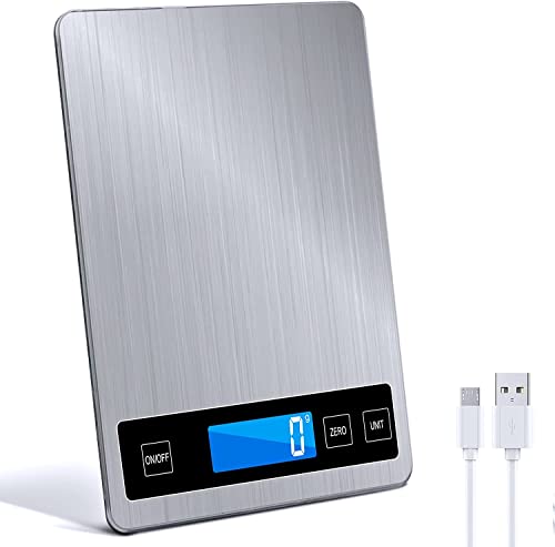 Báscula de cocina, 33 lb/15 kg, báscula digital de cocina con pantalla LCD + acero inoxidable + vidrio templado, precisión de hasta 1 g - g/kg/lb:oz/ml/fl'oz - USB o funciona con pilas