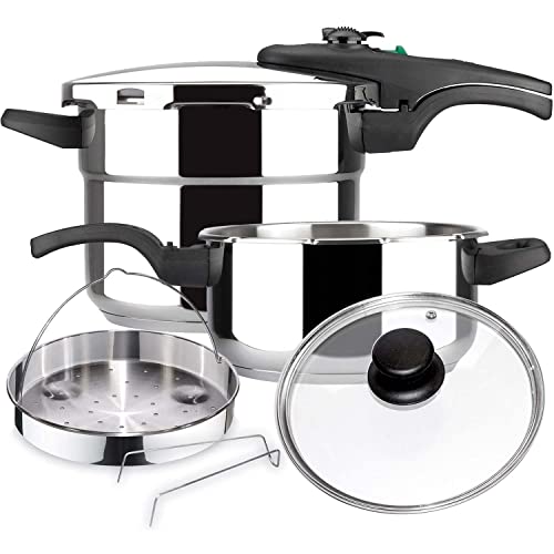 MAGEFESA ® Athenas Complet Olla a presión Super rápida de 4 y 6 litros, Pack Exclusivo cestillo + Tapa de Cristal, Acero Inoxidable, Apta para cocinas inducción, 5 Sistemas de Seguridad, Express