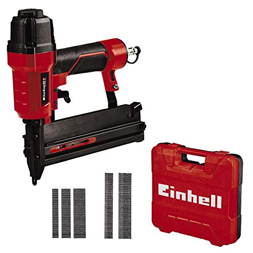 Einhell Grapadora de aire comprimido TC-PN 50 (8.3 bar, pistola de clavos, nariz de seguridad, incl 1500grapas y 2000 clavos, botella de aceite, boquilla, maletín de transporte)Rojo, Negro