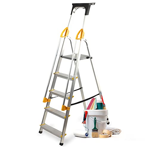 KADAX Escalera de aluminio con pasamanos, soporta hasta 150 kg, escalera en 3 versiones, plegable con compartimento para pinceles y pies antideslizantes (5 peldaños)