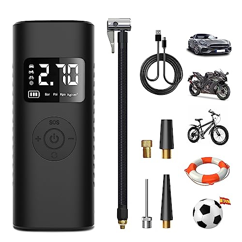 AWESAFE 7800mAh Mini Compresor Aire Portatil 150PSI &Power Bank, Iinflador Ruedas Coche con Pantalla LCD Digital y Linterna LED SOS, Bomba de Aire Bicicletas, Scooters, Moto, Coche, Pelotas