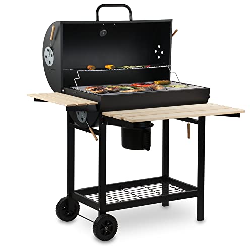 BBQ-Toro Carro de Barbacoa de Carbón Premium | Ø 42 x 80 cm | Ahumador Móvil | Parrilla de Barbacoa con Tapa | Con Mesas Laterales de Madera