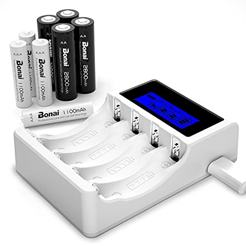 BONAI LCD Cargador de Pilas Recargables, 4 Piezas de AA 2800mAh & 4 Piezas de AAA 1100mAh Ni-MH Baterías Recargables con 4 Bay AA AAA Cargador de Batería