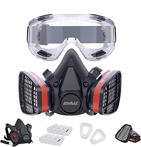 EDIMAX, Mascara de Gas, Mascarilla Pintura, con Gafas + 8 Filtros de recambio, Respiratoria, Reutilizable, Antipolvo, para Pintar, Fumigar, Protección y Seguridad