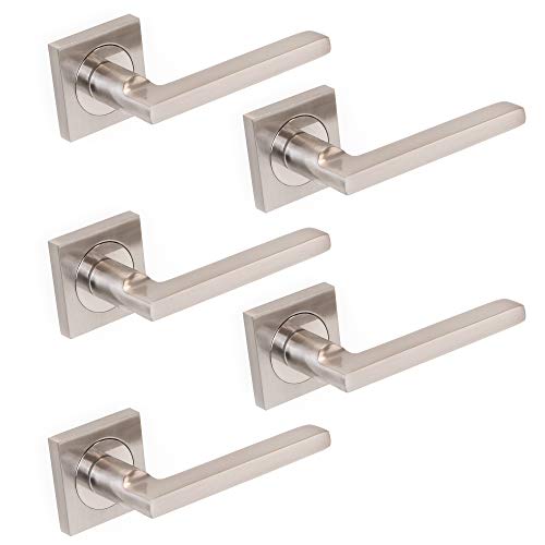 EMUCA - Manetas para puertas de interior, lote de 5 juegos de manillas para puerta de paso con roseta 50x50 mm, Aluminio y zamak, Níquel satinado.