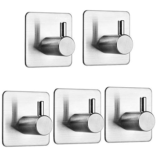Auxmir 5 Piezas Ganchos Adhesivos para Pared, Acero Inoxidable, Colgador Toallas sin Taladro, Autoadhesivo Extrafuerte, Colgador Adhesivo para Baño Cocina Albornoz Trapos, Gris