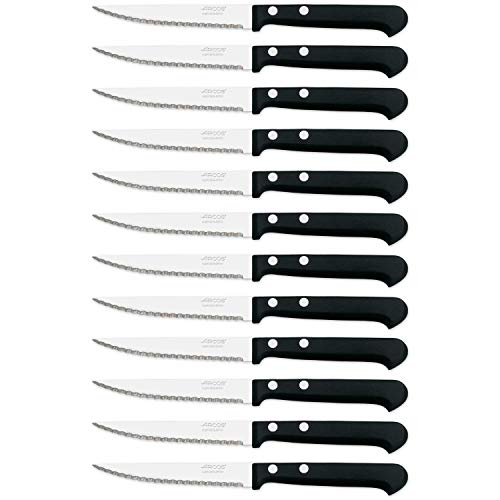 Arcos Cuchillos de Mesa Caja de 12 uds Cuchillo Chuletero, Hoja de Acero Inoxidable NITRUM 110 mm, Mango de Nylon, Color Negro (12 uds)