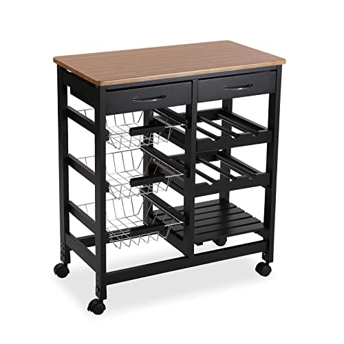 Versa Picton Carro de cocina con ruedas, cajones y botellero, Verdulero con despensa y organizadores, con 2 cajones, Medidas (Al x L x An) 76 x 37 x 66 cm, Madera, Color Negro y marrón