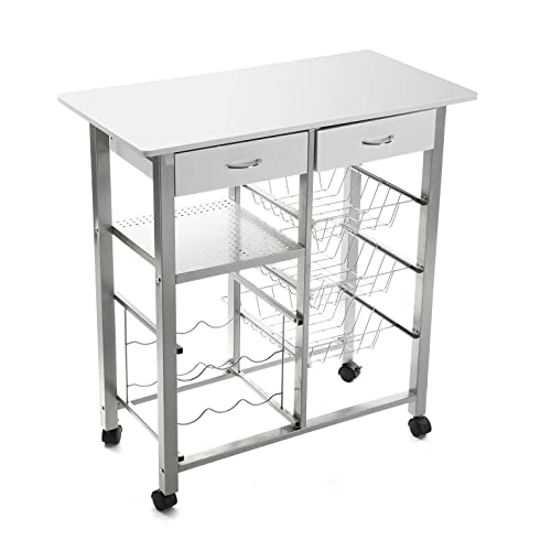 Versa Leicester Carro de cocina con ruedas, cajones y botellero, Verdulero con despensa y organizadores, Almacenaje de cocina, Medidas (Al x L x An) 82 x 40 x 76 cm, Madera y Metal, Color Blanco