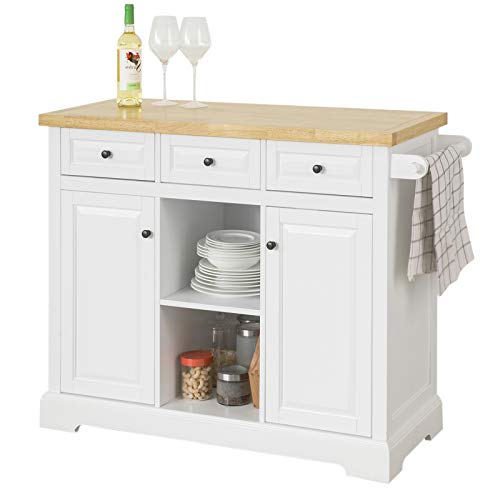 SoBuy FKW101-WN Carrito de Cocina con 3 cajones y 2 Puertas Madera de Caucho con Tablero 115 * 46 * 90 cm ES