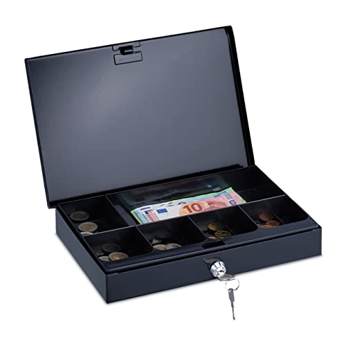 Relaxdays Caja Dinero, con Cierre, Acero, 2 Llaves, Monedas y Billetes, 4,5 x 30 x 20,5 cm, Cajita de Caudales, Negro
