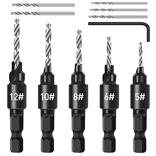 Juego de brocas avellanadas, 5 piezas de cambio rápido de 1/4 pulgadas, juego de avellanadores ajustables, 5 brocas reemplazables con una llave hexagonal, brocas avellanadas para carpintería