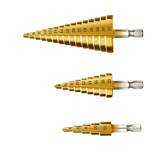 3 Pcs Paso Brocas Escalonadas, Brocas Cónicas HSS Titanio, Vástago Hexagonal, 4-12/20/32mm Cortador de Agujeros para Madera y Metal