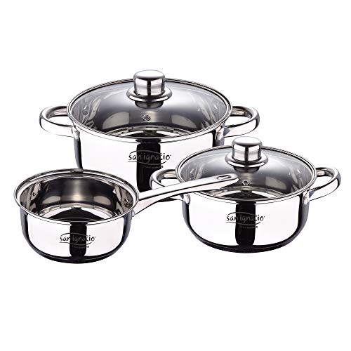 San Ignacio Bateria 5pcs acero inoxidable: cazo Ø16x7,5 Cacerolas de Ø18x8,5 y Ø20x9,5 cms, inducción, colección Cassel, 5 piezas