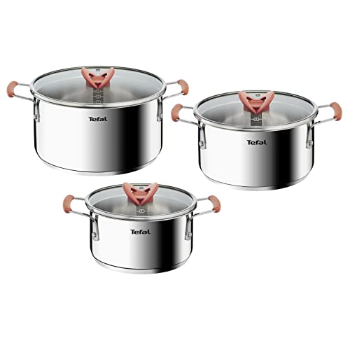 Tefal OptiSpace - Juego de 3 Cacerolas + 3 tapas: Cacerolas de 18, 20 y 24 cm de acero inoxidable, 3 tapas planas, asas antideslizante toque frío, marcas de medida, todo tipo de cocinas
