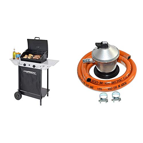 Campingaz Xpert 100 L Plus Rocky Barbacoa Gas para Piedra Volcanica, BBQ gas con 2 quemadores, 7.1kW de potencia + S&M 321771 Regulador de Gas Butano Goma M + 2 Abraz, Gris/Naranja, 1,5 metros de tubo