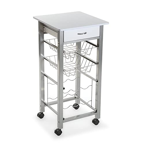 Versa Leicester Carro de cocina con ruedas, cajones y botellero, Verdulero con despensa y organizadores, Almacenaje de cocina, Medidas (Al x L x An) 82 x 40 x 40 cm, Madera y Metal, Color Blanco