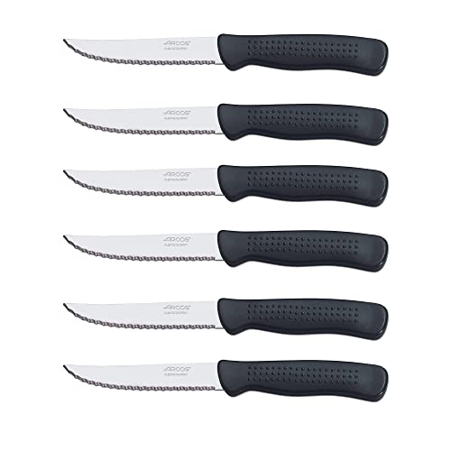Arcos Serie Cuchillos de Mesa Chuleteros, Mango de Polipropileno, Hoja 110 mm, Apto para Lavavajillas, Negro, 6 Piezas