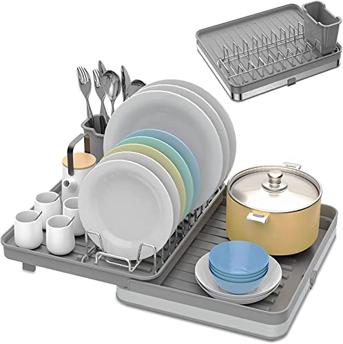 SARSTRY Escurridor de Platos Extensible, Escurreplatos, Drena al Fregadero, Escurreplatos con Soporte para Cubiertos Extraíble y Estante, Escurridor Platos en Acero Inoxidable para Platos y Cubiertos