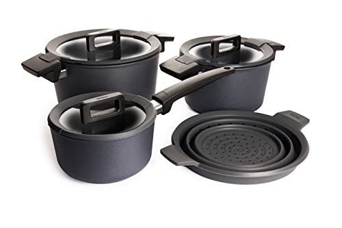 Woll 101CPI Concept - Batería de Cocina de inducción, Incluye cacerolas con Tapa de Cristal 120 CP, 124 CP y 918 CP y colador SI 24