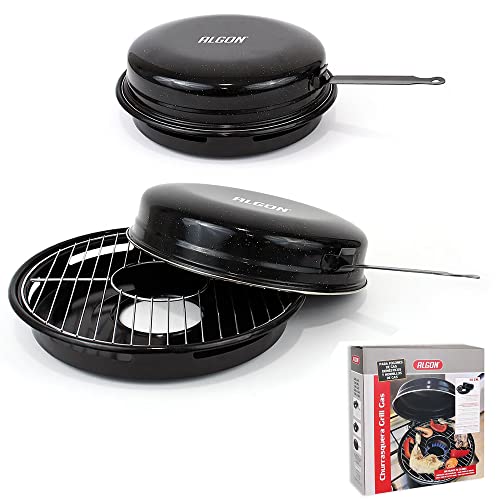 Algon - Churrasquera Grill Apta para Cocina de Gas y Hornillos de Gas. Parrilla Acero Inoxidable Ideal para Carne, Pescado y Verdura. Calor Envolvente. Barbacoa 30 cm. Color Negro.