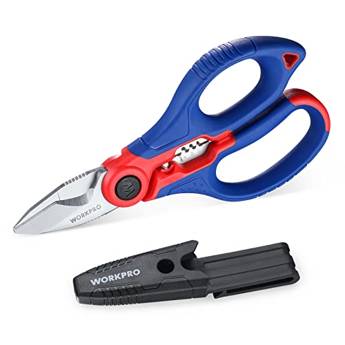 WORKPRO Tijera para Electricista con pelacables 162 mm, tijera de acero inoxidable multifunción con funda de clip, tijera para cables