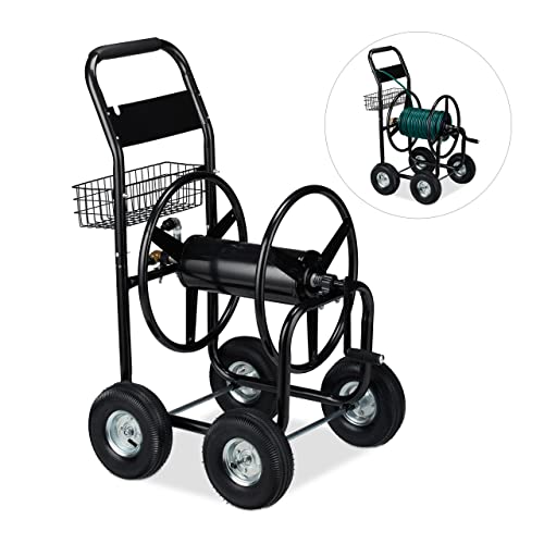 Relaxdays Carro para Manguera, Cuatro Ruedas de Goma, XL, con manivela, para 60m, Metal, 114 x 64 x 90 cm, 1 Ud, Negro