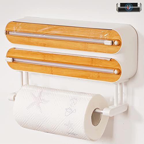 Quasziwa Dispensador Papel Aluminio y Film con Portarrollos Cocina - Organizador Mejorado Magnético de Papel Film Transparente con Hoja Afilada de Larga duración, Soporte Papel Cocina 3 en 1, Blanco